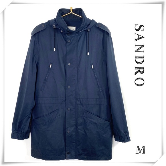 SANDRO Technical Coat Drawstring Hood Utility Jacket in Navy Blue Size M - Picture 1 of 8